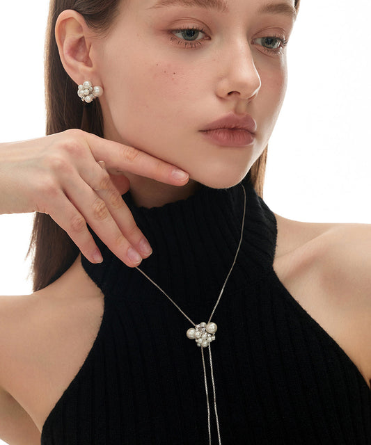 Handmade White Copper Overgild Zircon Pearl Retractable Sweaters Lariat Necklace