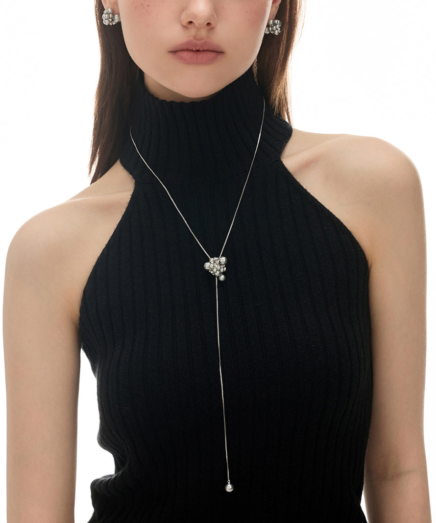 Handmade White Copper Overgild Zircon Pearl Retractable Sweaters Lariat Necklace