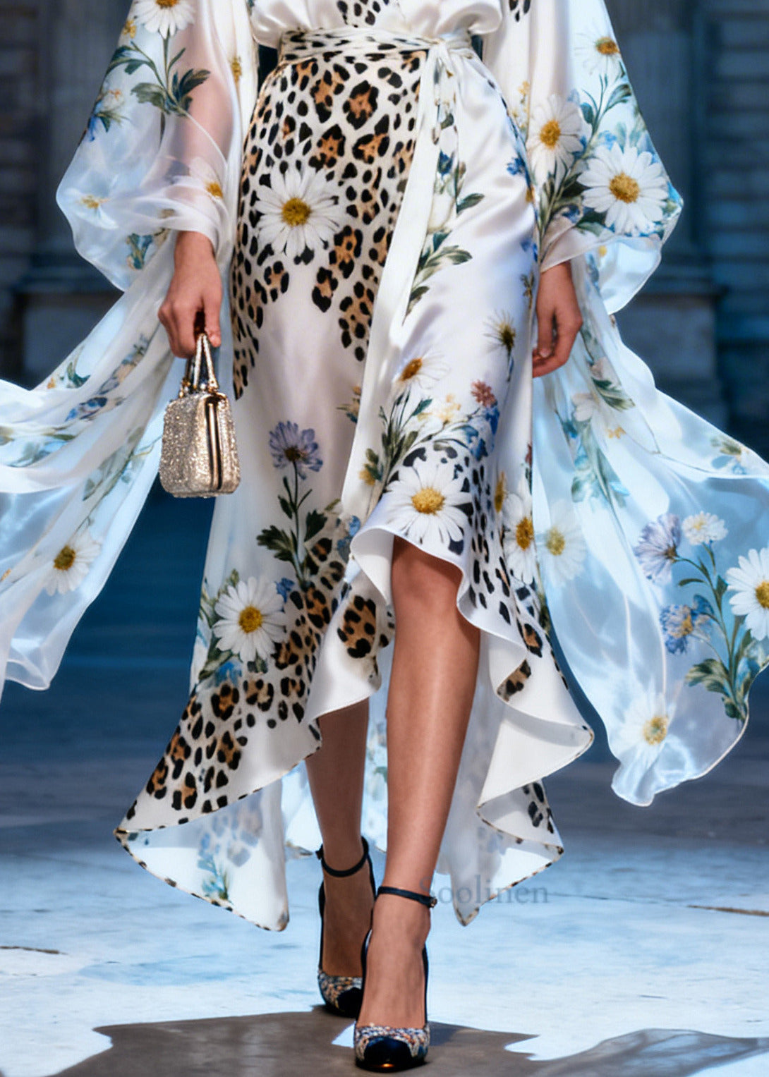 Handmade White Daisy Low High Design Silk Dress Summer