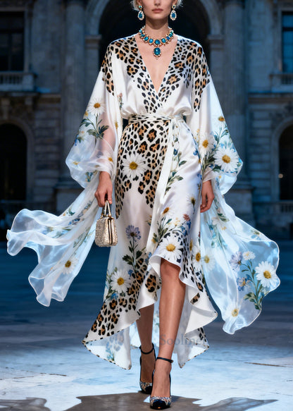 Handmade White Daisy Low High Design Silk Dress Summer