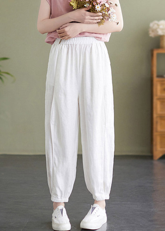 Pantalones de verano de cintura elástica blancos hechos a mano.