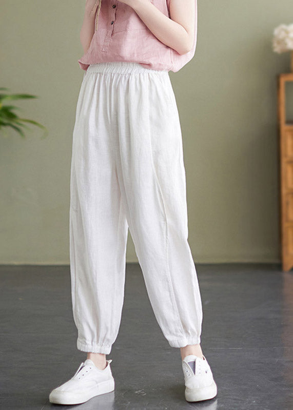 Pantalones de verano de cintura elástica blancos hechos a mano.