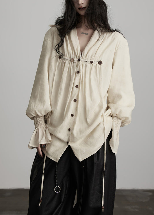 Handgefertigte weiße Baumwollbluse mit Stickerei und Knöpfen, Frühlings-Oberteil