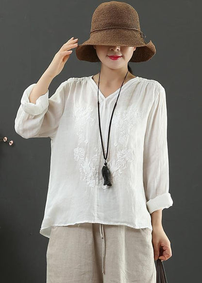 Handmade White Embroidery Shirts V Neck Box Spring Shirts - SooLinen