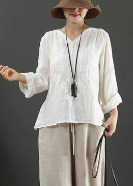 Handmade White Embroidery Shirts V Neck Box Spring Shirts - SooLinen