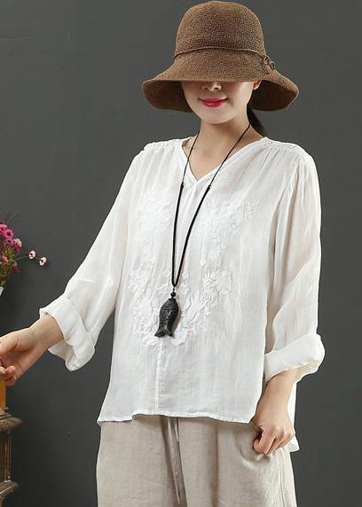 Handmade White Embroidery Shirts V Neck Box Spring Shirts - SooLinen
