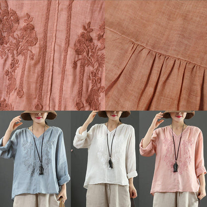 Handmade White Embroidery Shirts V Neck Box Spring Shirts - SooLinen