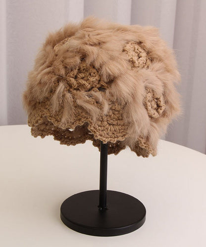 Gorro boonie de punto de pelo de conejo con flores ahuecadas, hecho a mano, color blanco