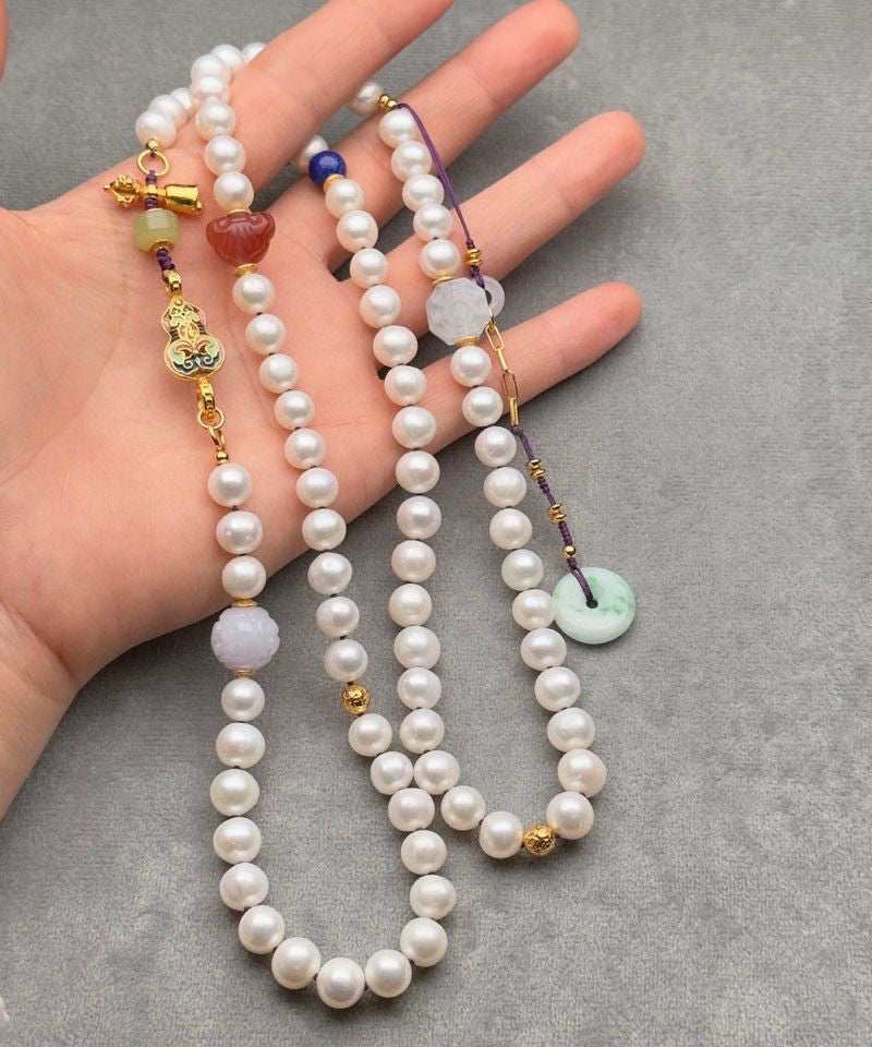 Handgemachte weiße Jade Perle Achat Perlen Quaste Pullover Lariat Halskette