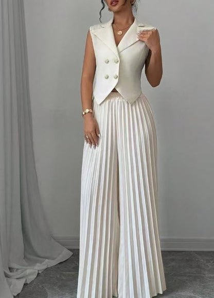 Handmade White Notched Wrinkled Two Pieces Set Sleeveless
