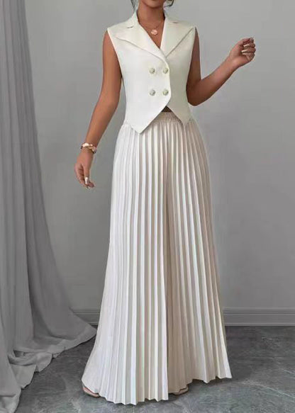 Handmade White Notched Wrinkled Two Pieces Set Sleeveless