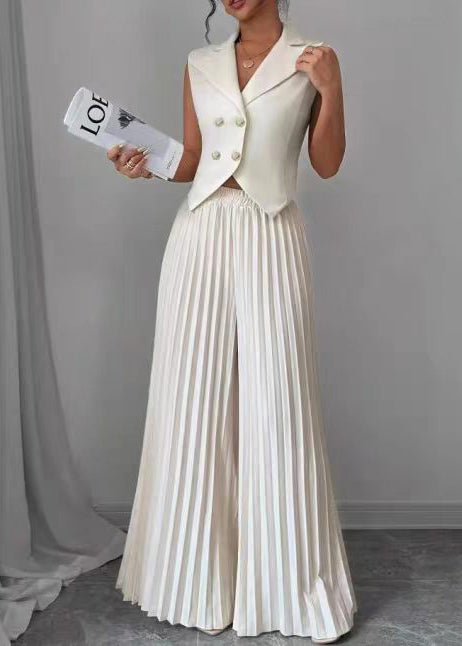 Handmade White Notched Wrinkled Two Pieces Set Sleeveless
