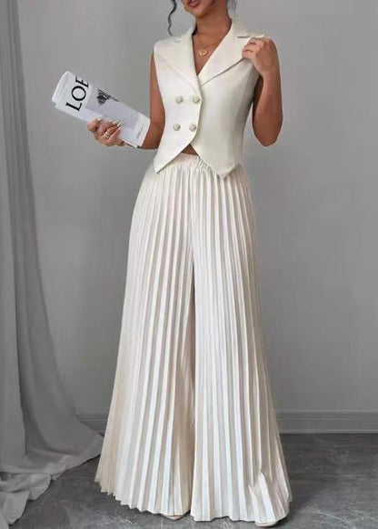 Handmade White Notched Wrinkled Two Pieces Set Sleeveless