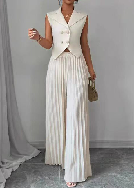 Handmade White Notched Wrinkled Two Pieces Set Sleeveless