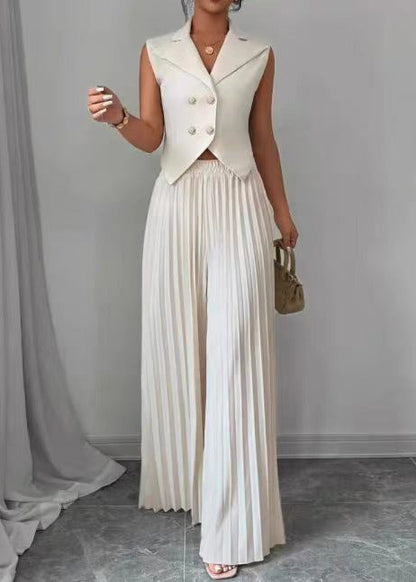 Handmade White Notched Wrinkled Two Pieces Set Sleeveless