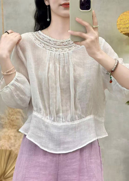 Handmade White O-Neck Wrinkled Solid Linen Top Summer