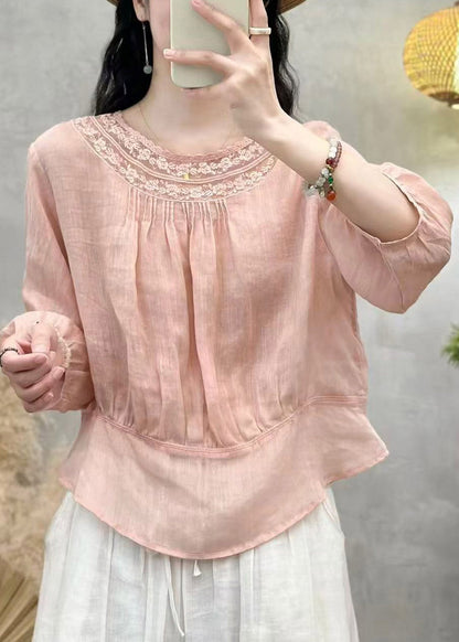 Handmade White O-Neck Wrinkled Solid Linen Top Summer