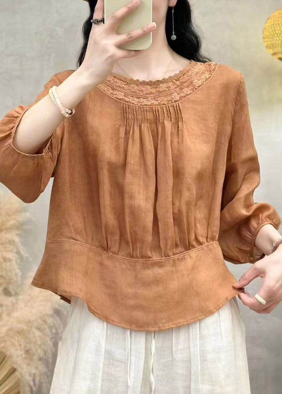 Handmade White O-Neck Wrinkled Solid Linen Top Summer