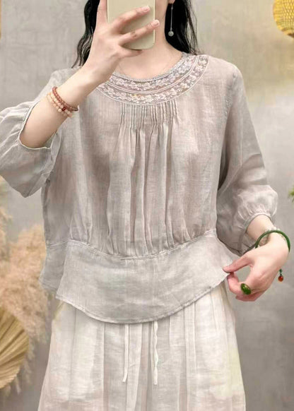 Handmade White O-Neck Wrinkled Solid Linen Top Summer