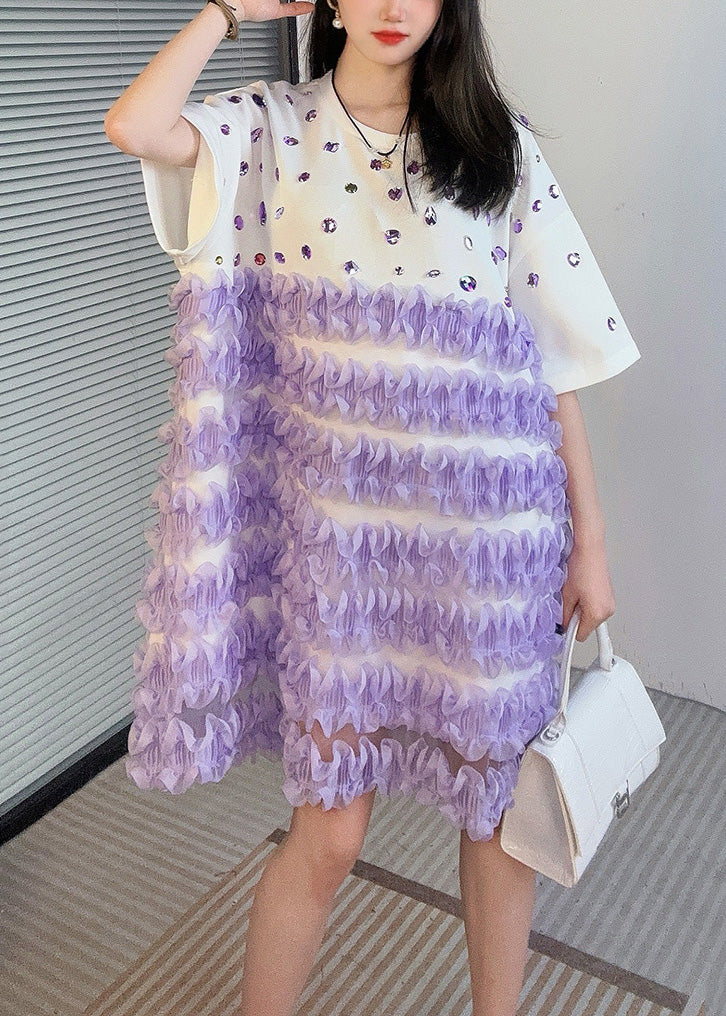 Handgemachtes weißes O-Ausschnitt Zirkon Patchwork Midikleid Sommer