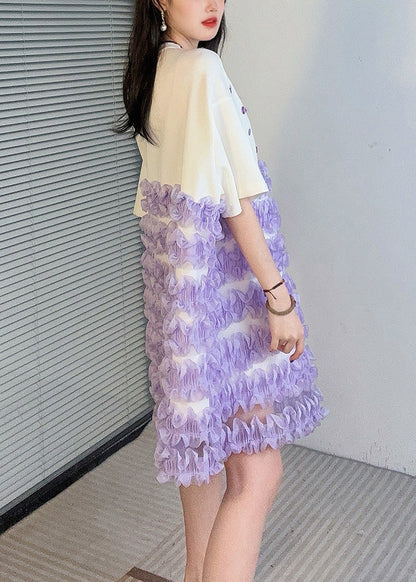 Handgemachtes weißes O-Ausschnitt Zirkon Patchwork Midikleid Sommer