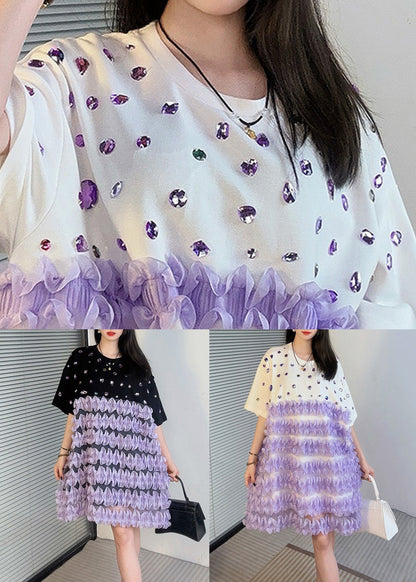 Handgemachtes weißes O-Ausschnitt Zirkon Patchwork Midikleid Sommer