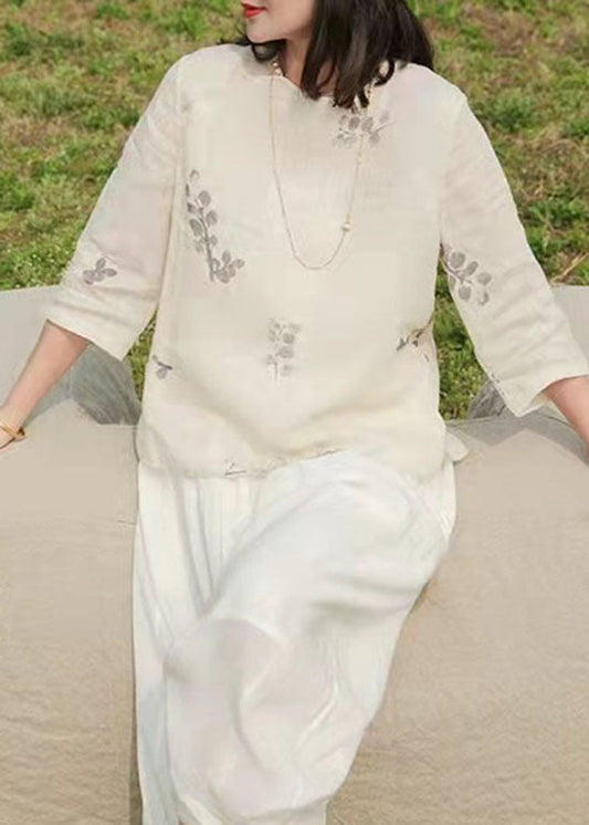 Handgemachte weiße Leinenoberteile mit O-Ausschnitt und Dreiviertelärmeln