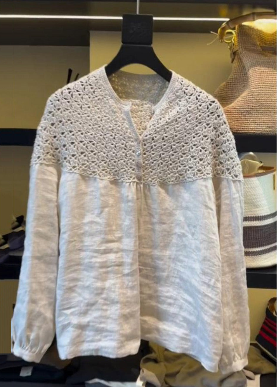 Handmade White Oversized Patchwork Hollow Out Linen Tops Summer
