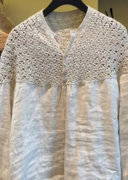 Handmade White Oversized Patchwork Hollow Out Linen Tops Summer