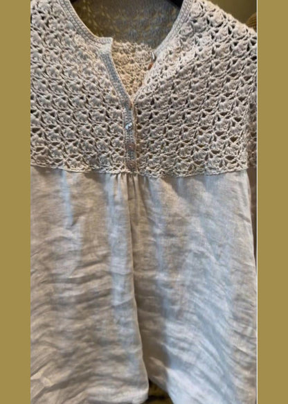 Handmade White Oversized Patchwork Hollow Out Linen Tops Summer