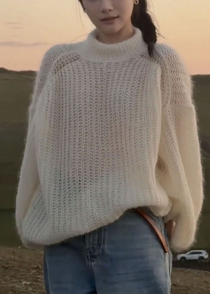 Handgefertigte weiße Patchwork-Strickpullover aus einfarbiger Baumwolle für den Frühling