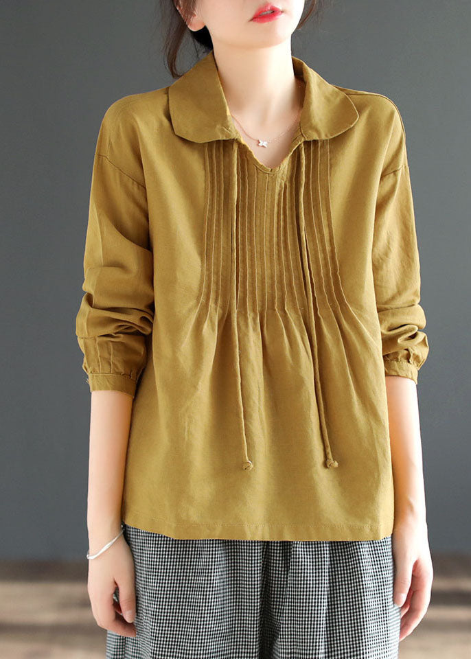 Camisa de algodón con cuello Peter Pan blanco y patchwork, hecha a mano, de manga larga