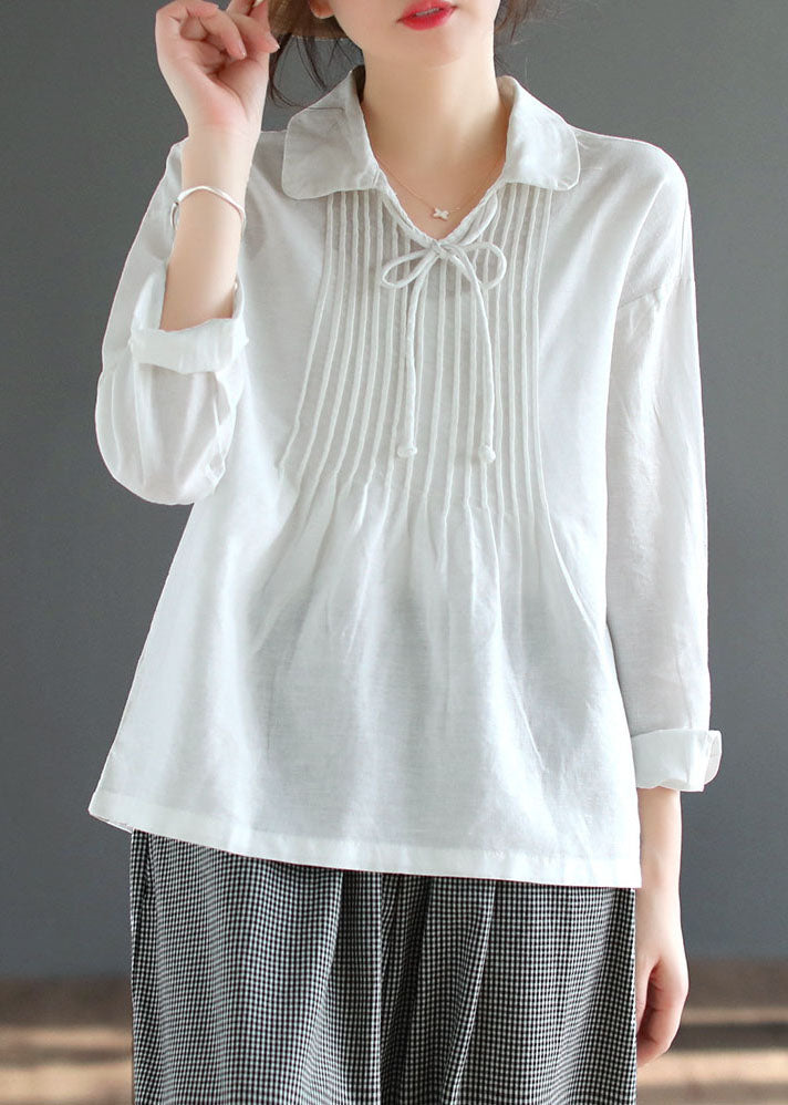 Camisa de algodón con cuello Peter Pan blanco y patchwork, hecha a mano, de manga larga