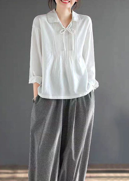 Camisa de algodón con cuello Peter Pan blanco y patchwork, hecha a mano, de manga larga