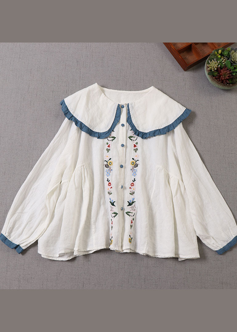 Handgemachte weiße Peter Pan Kragen Rüschen Leinen Bluse Top Frühling