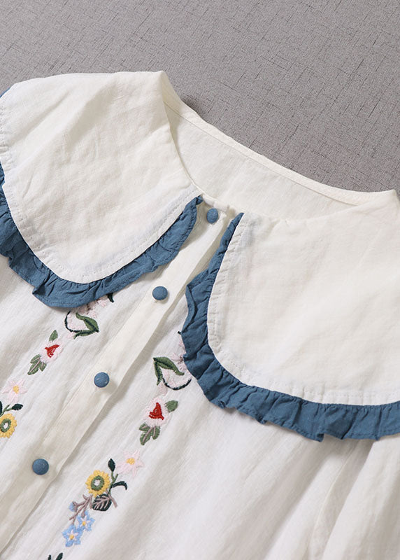 Handgemachte weiße Peter Pan Kragen Rüschen Leinen Bluse Top Frühling