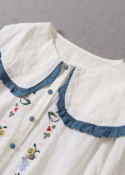 Handgemachte weiße Peter Pan Kragen Rüschen Leinen Bluse Top Frühling