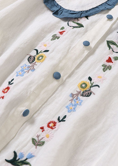 Handgemachte weiße Peter Pan Kragen Rüschen Leinen Bluse Top Frühling