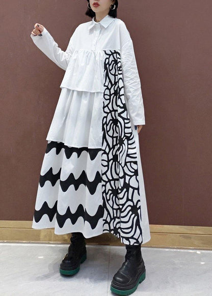 Handmade White Print Quilting Clothes Lapel Asymmetric Loose Spring Dresses - SooLinen