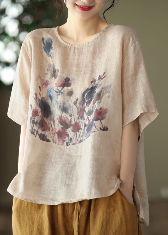 Camiseta de manga corta de ramio con estampado blanco hecho a mano