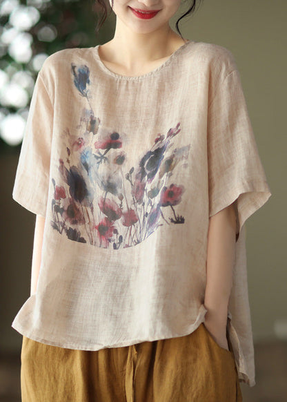 Camiseta de manga corta de ramio con estampado blanco hecho a mano