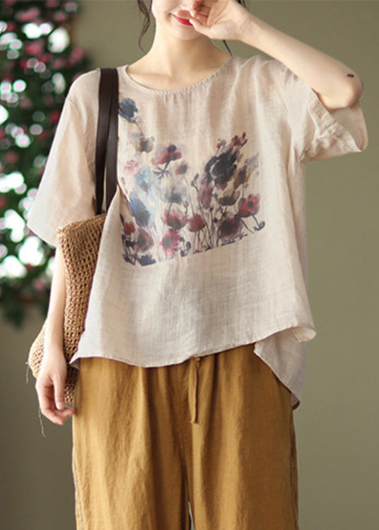 Camiseta de manga corta de ramio con estampado blanco hecho a mano