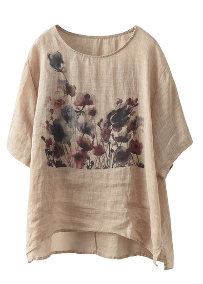 Camiseta de manga corta de ramio con estampado blanco hecho a mano