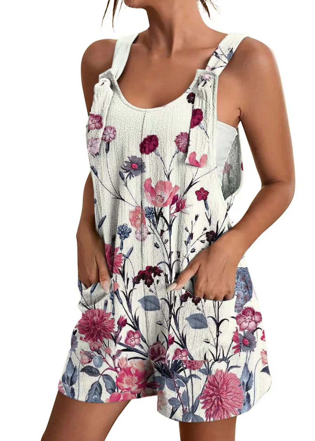 Handmade White Print Spaghetti Strap Jumpsuit Sleeveless
