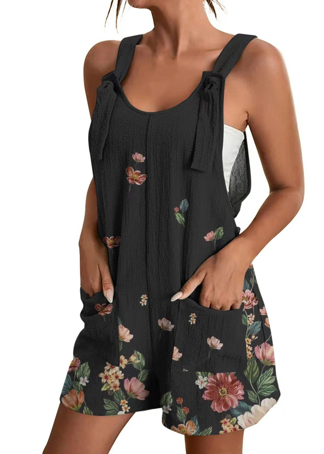 Handmade White Print Spaghetti Strap Jumpsuit Sleeveless