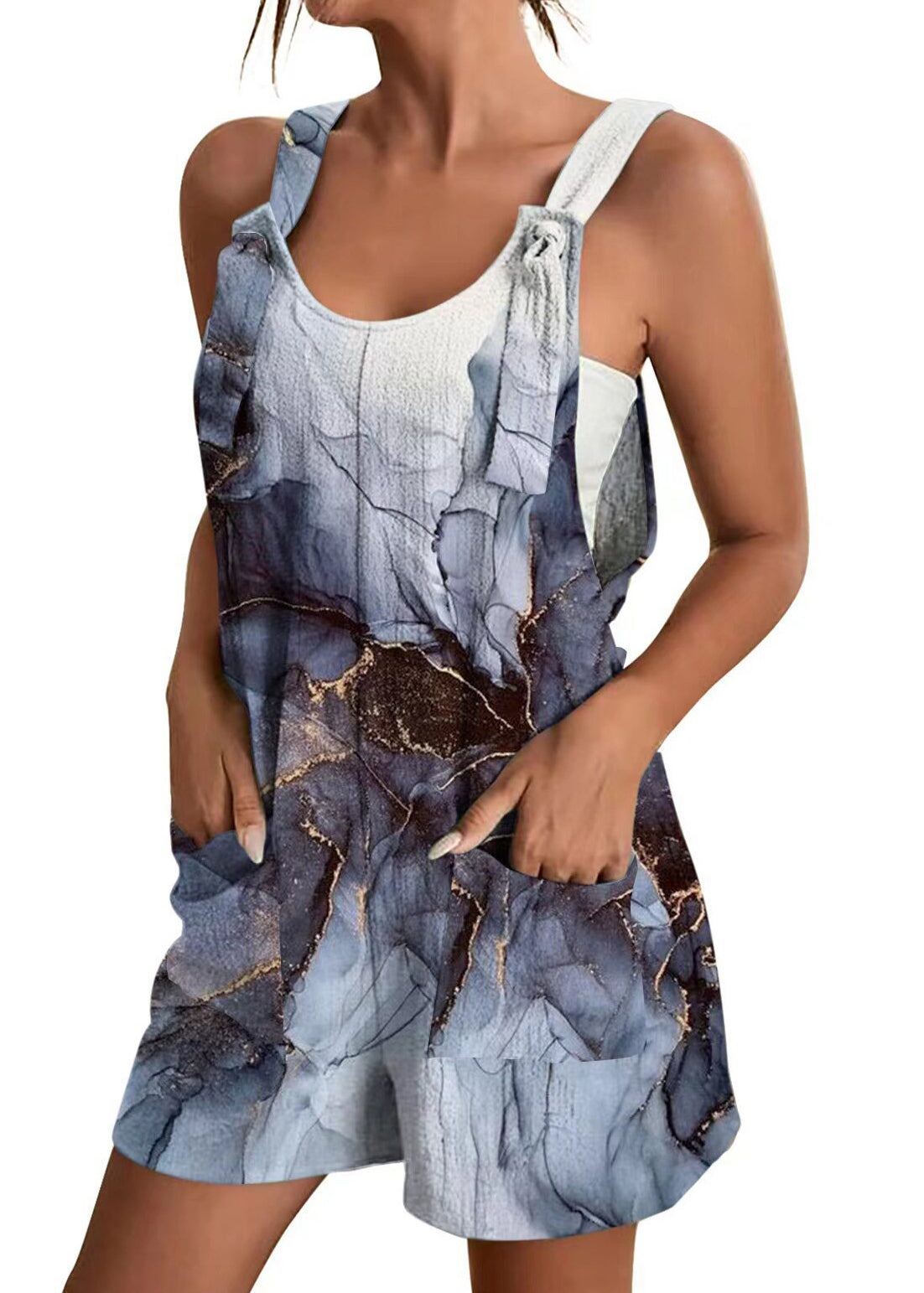 Handmade White Print Spaghetti Strap Jumpsuit Sleeveless