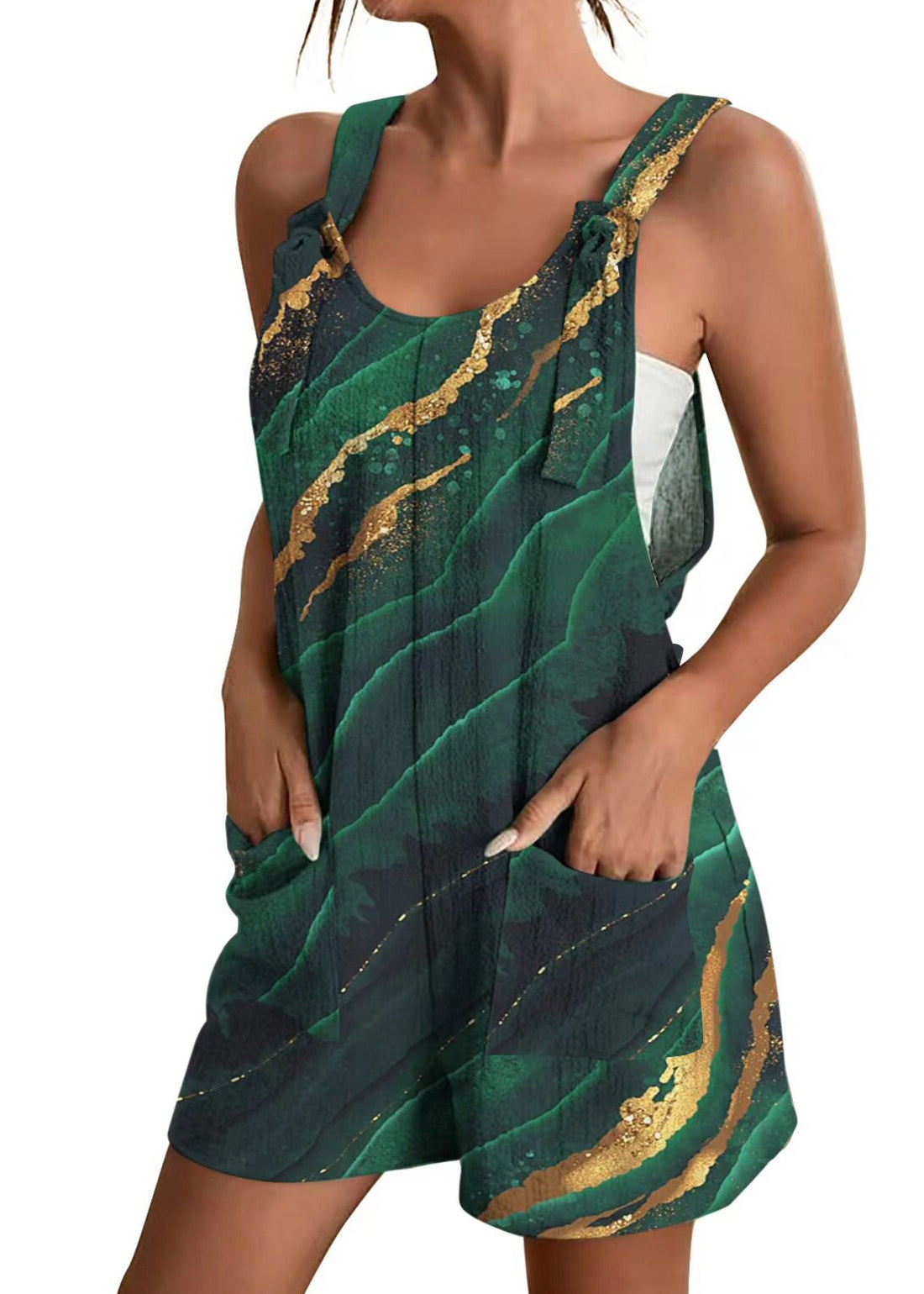 Handmade White Print Spaghetti Strap Jumpsuit Sleeveless