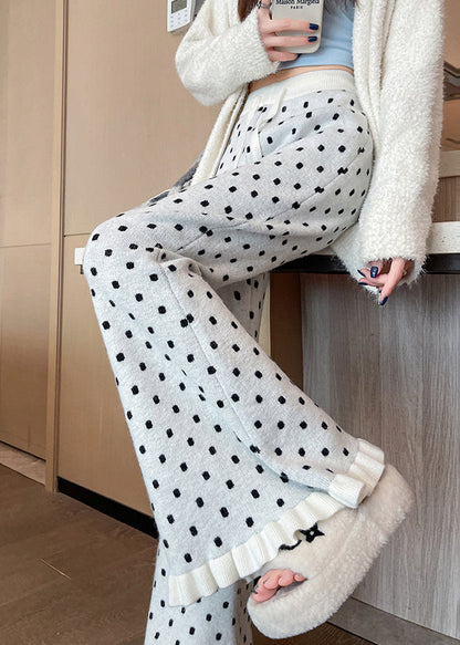 Handmade White Ruffled Patchwork Dot Knit Flared Pants Winter