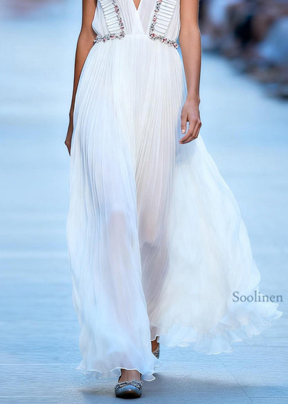 Handmade White V Neck Floral Wrinkled Chiffon Robe Dresses Sleeveless