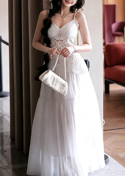 Handmade White V Neck Patchwork Lace Party Dress Summer